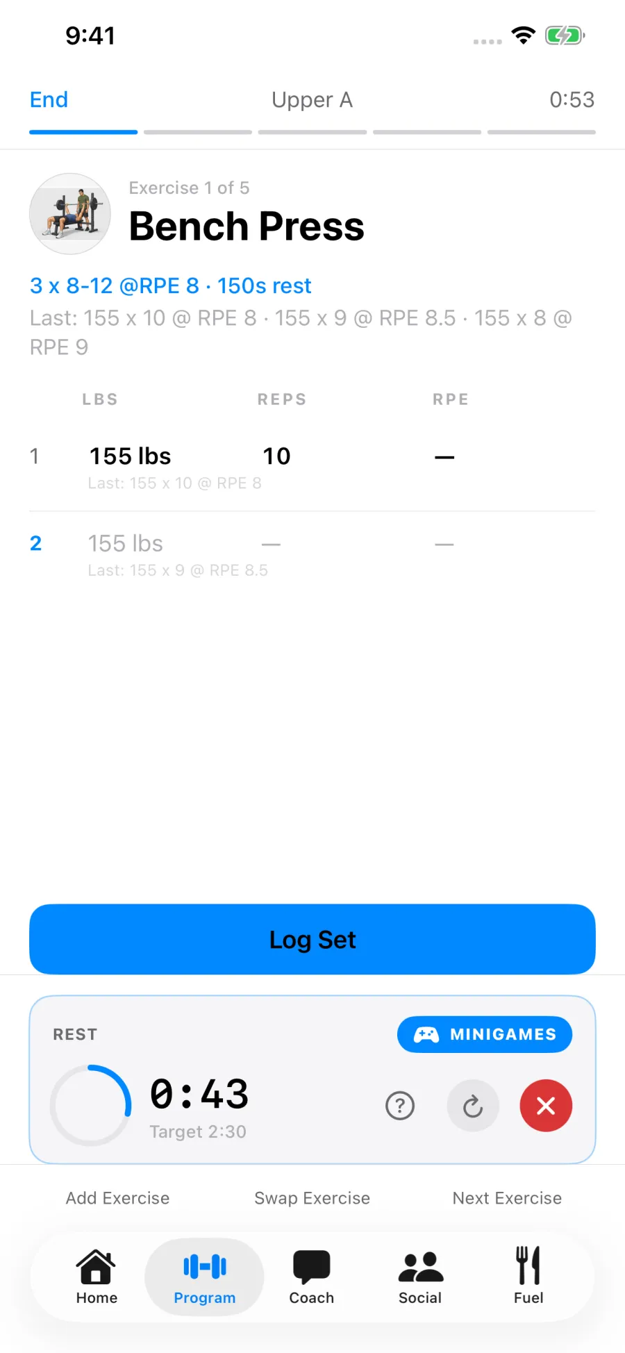 Active workout for Upper A: Bench Press, 3 sets of 8 to 12 at RPE 8 with 150 seconds rest, set one logged at 155 pounds for 10 reps, a rest timer at 0:43 toward a 2:30 target and a Minigames button.