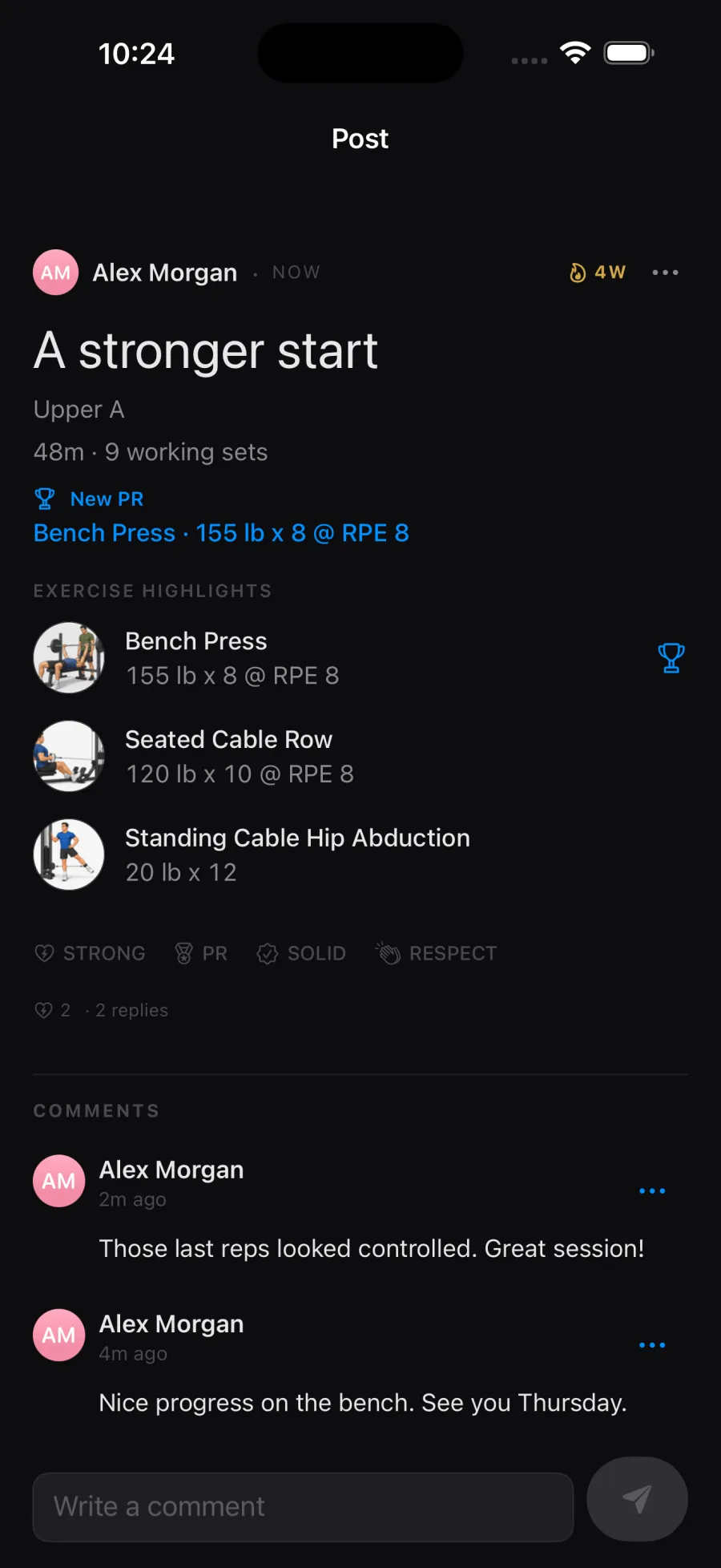 A shared workout post in dark mode titled A stronger start: Upper A, 48 minutes, 9 working sets, a new Bench Press PR at 155 pounds for 8 reps, illustrated exercise highlights, reactions and two comments.