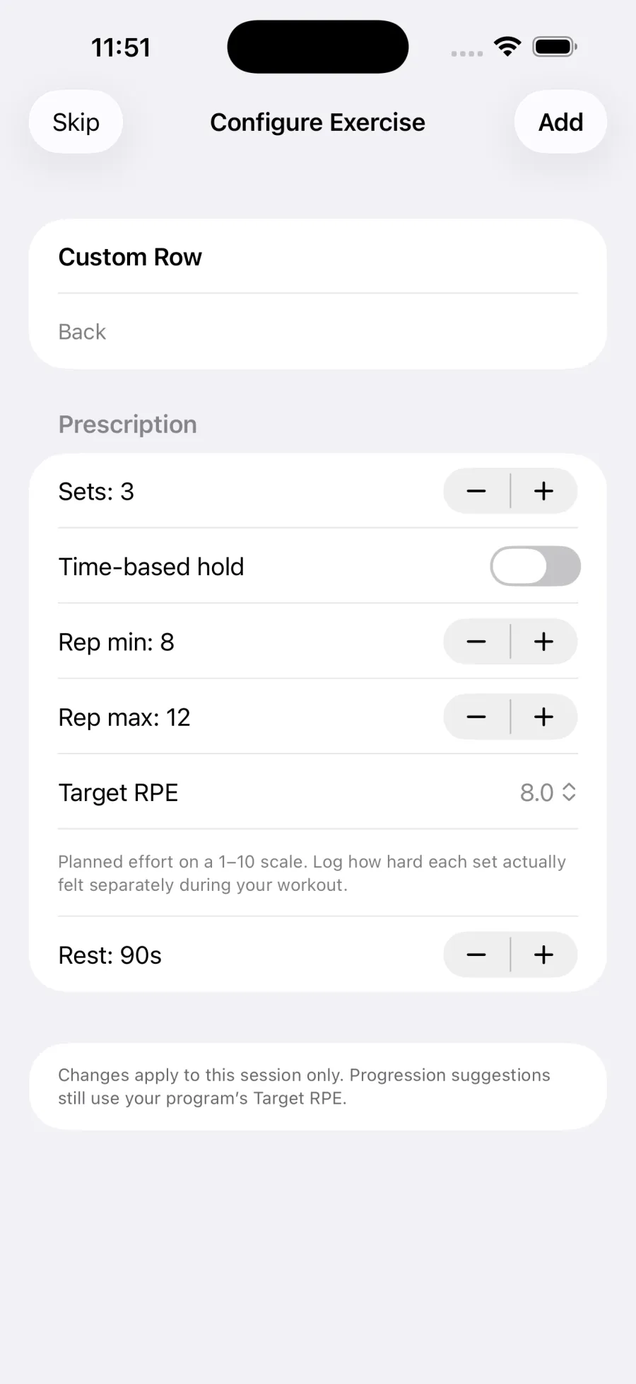 Configure Exercise sheet for a custom row: 3 sets, rep range 8 to 12, target RPE 8.0, 90 seconds rest, with a note that changes apply to this session only.