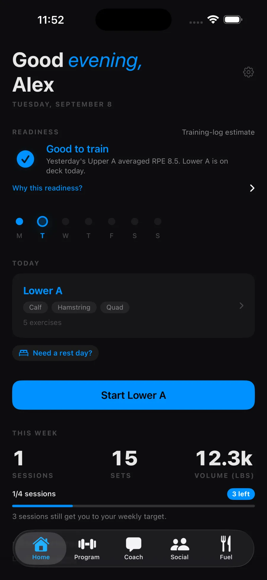 Home screen in dark mode: Good evening, Alex; readiness Good to train after yesterday's Upper A; Lower A on deck with a Start Lower A button; 1 of 4 sessions this week.