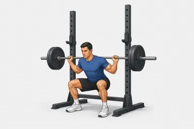 Illustration of a barbell back squat in a rack